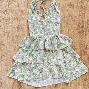 Floral Halter Dress with Sear sucker Bodice and Ruffle Skirt